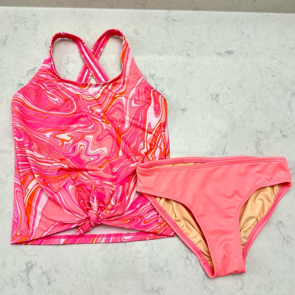 Girls 2 pc Swimsuit Vibrant Hot Pink Orange, Tankini, Bikini, size 6, Lands' End